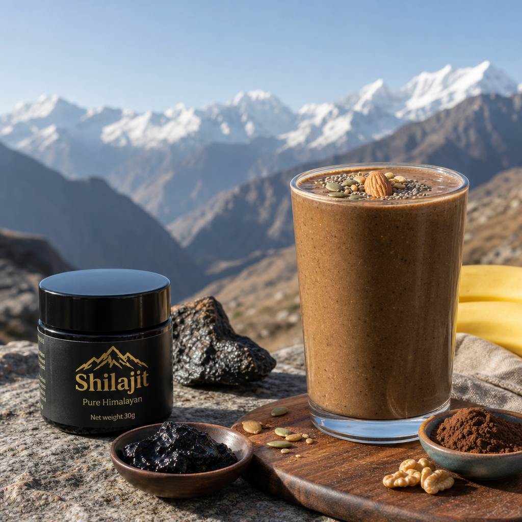 shilajit smoothie recipes with pure Himalayan shilajit resin in a fresh smoothie bowl