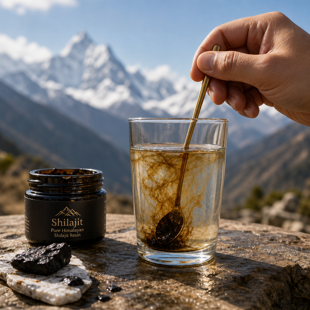 how to mix shilajit in water - pure Himalayan resin dissolving in a warm cup, simple guide image