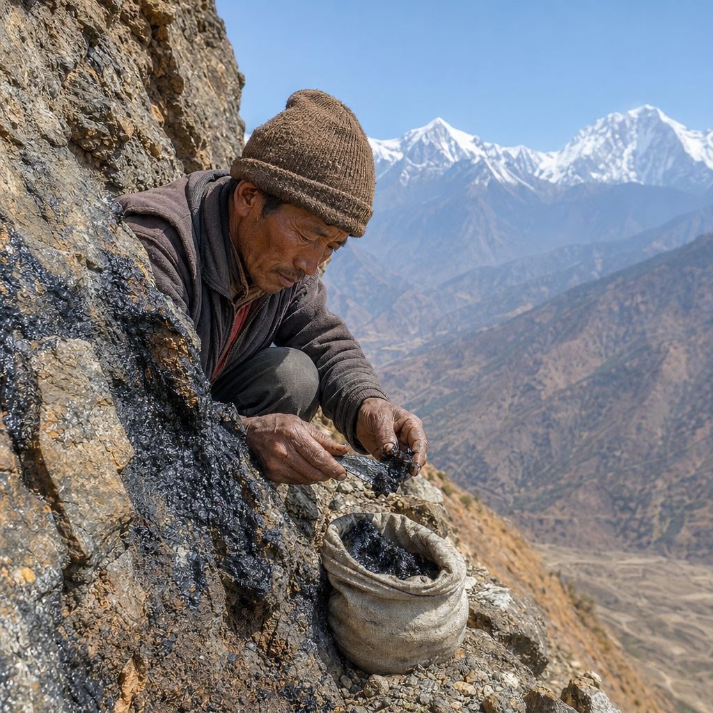 how villagers collect shilajit by hand from Himalayan cliffs, pure resin in a mountain setting