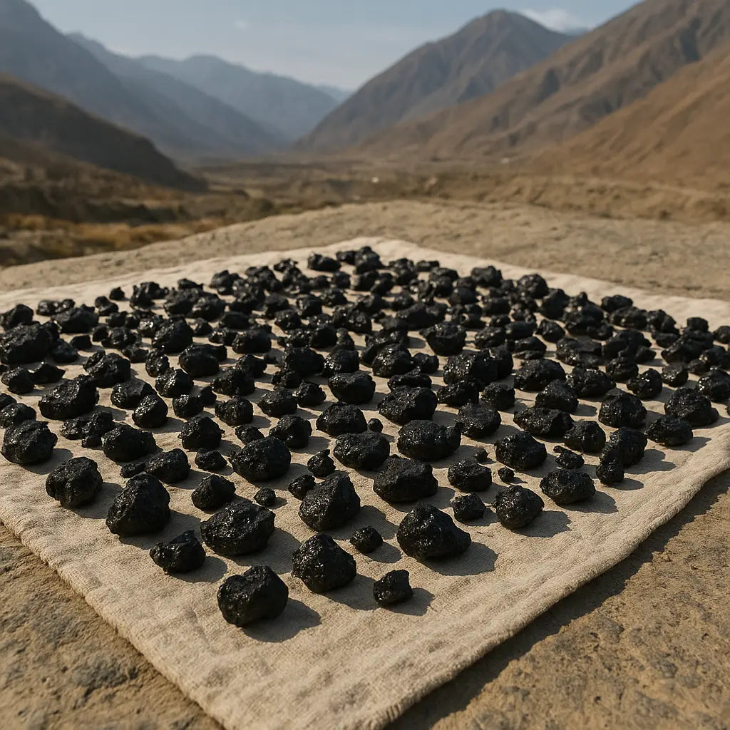 sun drying shilajit ancient process - Nepali villager drying pure Himalayan resin in sun