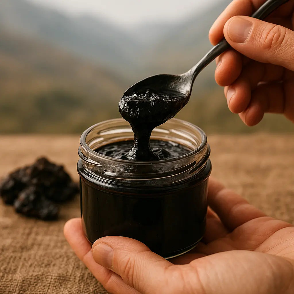 fake shilajit online - tin of Himalayan shilajit resin on neutral stone, editorial photo