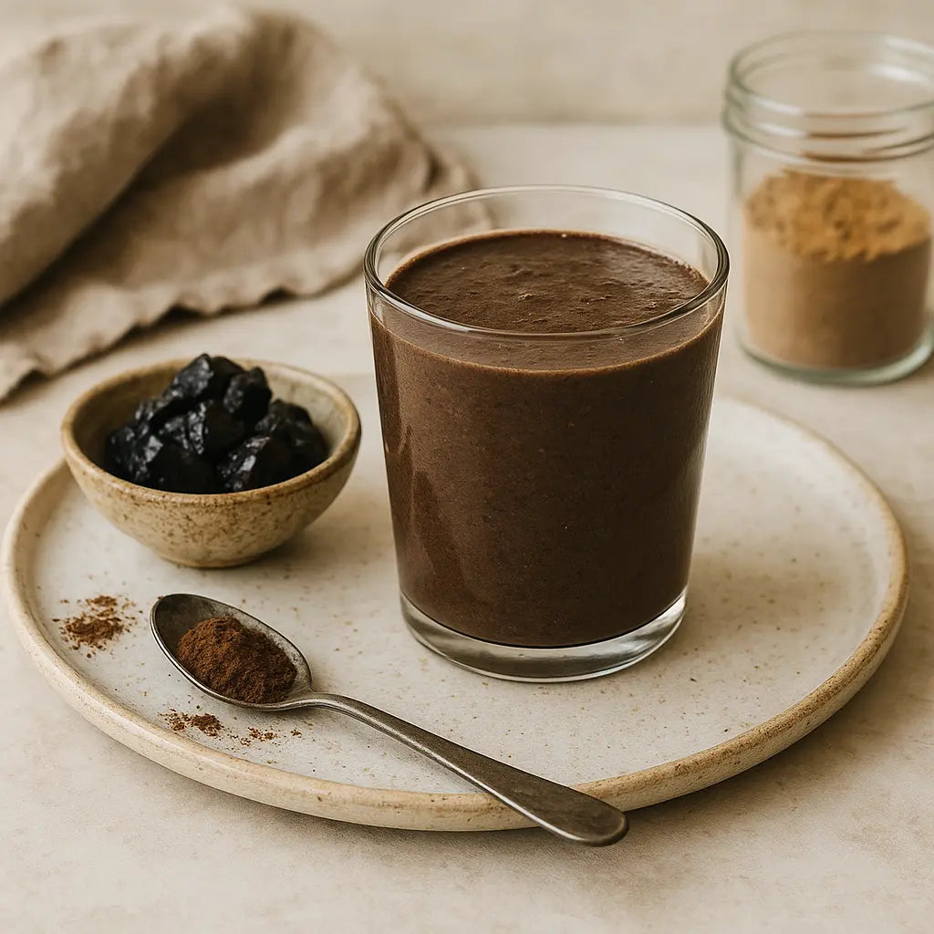shilajit smoothie recipes - pure Himalayan shilajit resin tin on stone, editorial photo
