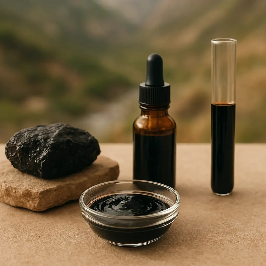 shilajit purity tests - Nepalese shilajit tin on neutral stone, editorial photo