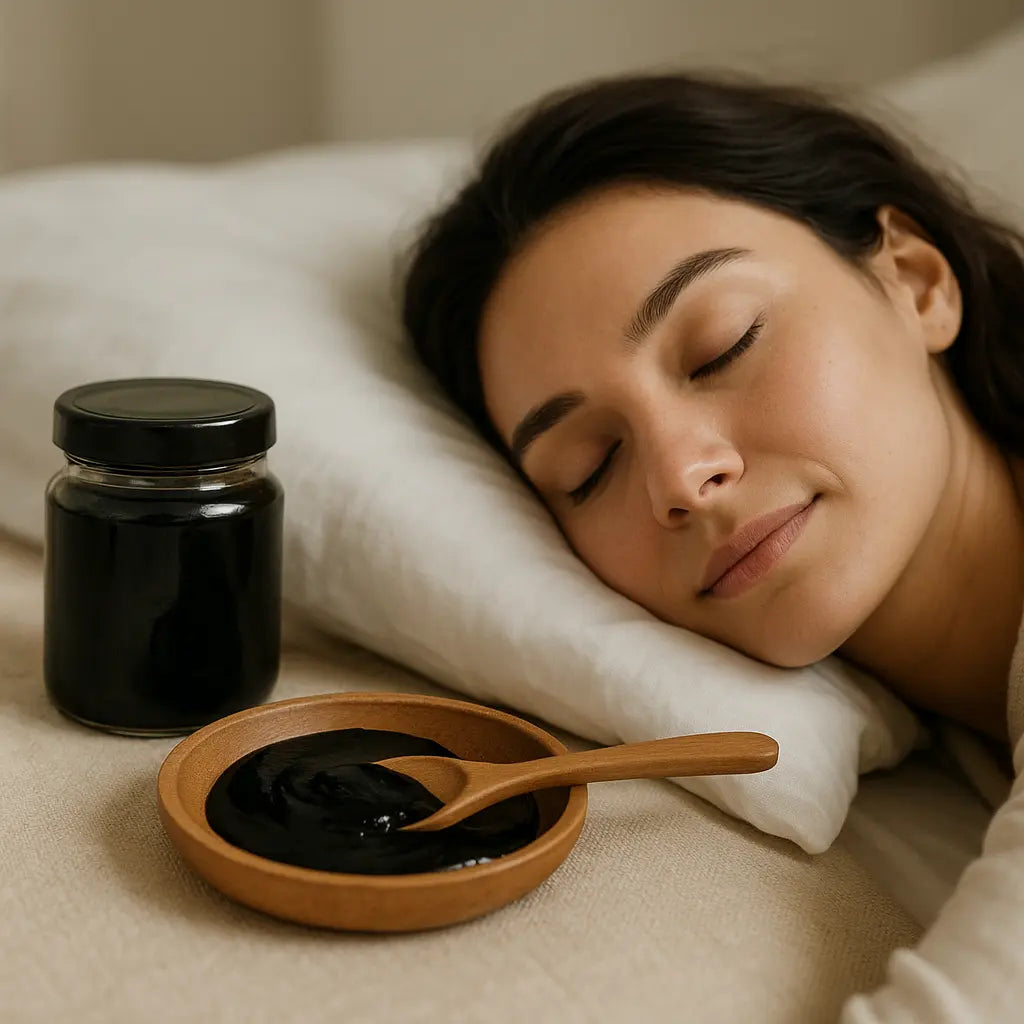 shilajit for better sleep and stress relief - Nepalese shilajit resin tin on stone