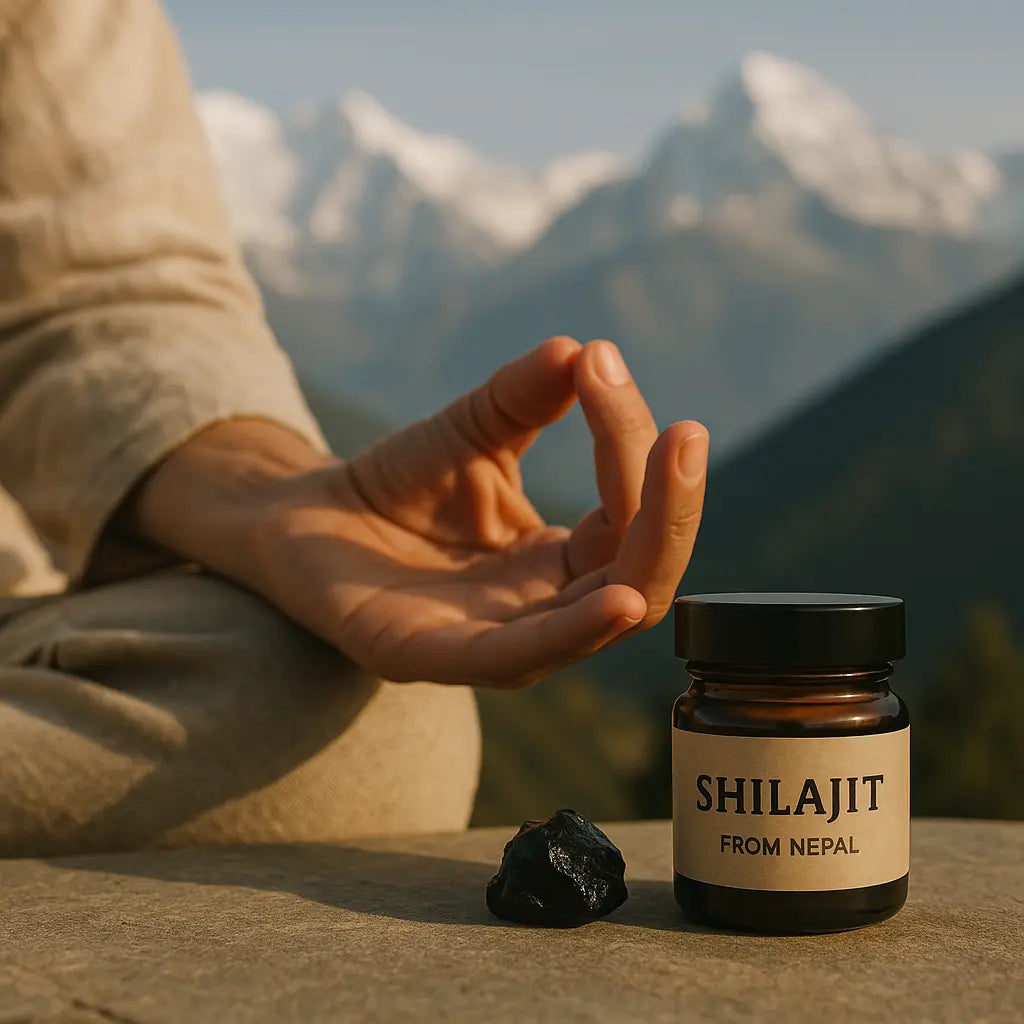 spiritual shilajit benefits - tin of Nepali shilajit resin on stone, warm village light