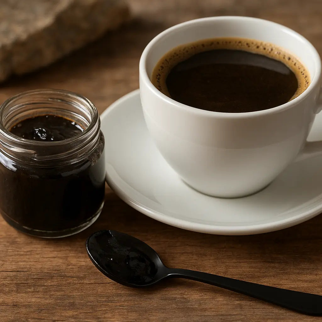can you mix shilajit with coffee or tea - Himalayan shilajit resin tin beside a cup of coffee and tea