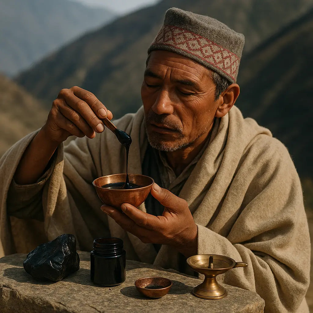 ancient shilajit rituals - pure Himalayan resin tin with mountain stones, editorial photo
