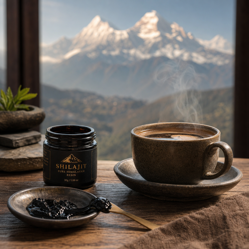 shilajit and coffee - pure Himalayan resin tin beside a coffee cup, natural wellness concept
