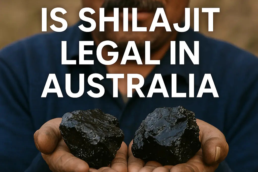 Man holding two pieces of shilajit with text overlay 'IS SHILAJIT LEGAL IN AUSTRALIA' on a blurred background