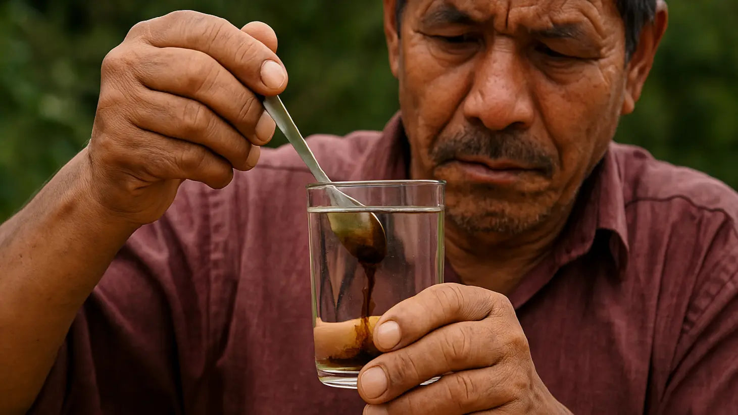 Man dissolving Pure Nepalese Authentic Shilajit in a glass of warm water.