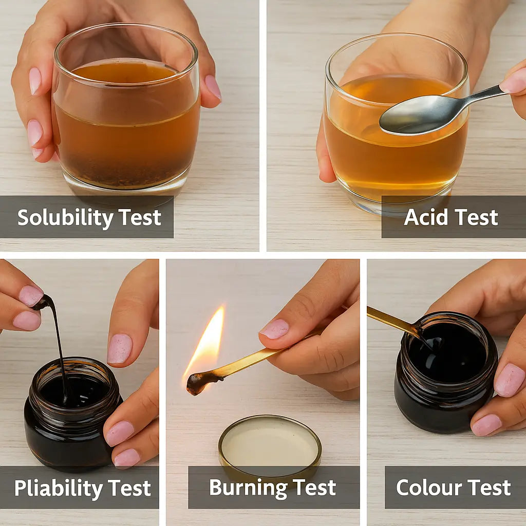 5 different methods to test if your shilajit is real or fake. Solubility Test. Acid Test. Pliability Test. Burning Test. Colour Test.