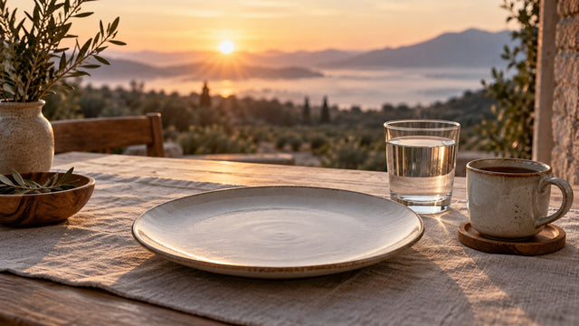 Empty white plate, a glass of water and a small mug of black tea on a table at dawn