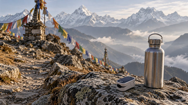 High Himalayan trail with prayer flags, a pulse oximeter and a steel water bottle on a rock
