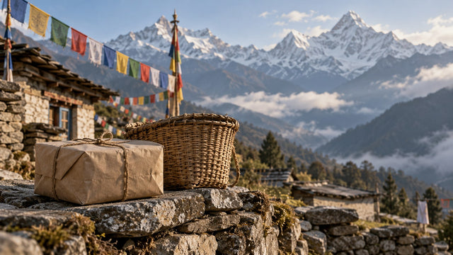 Kraft paper parcel and woven basket on a stone wall in a Nepalese mountain village with prayer flags