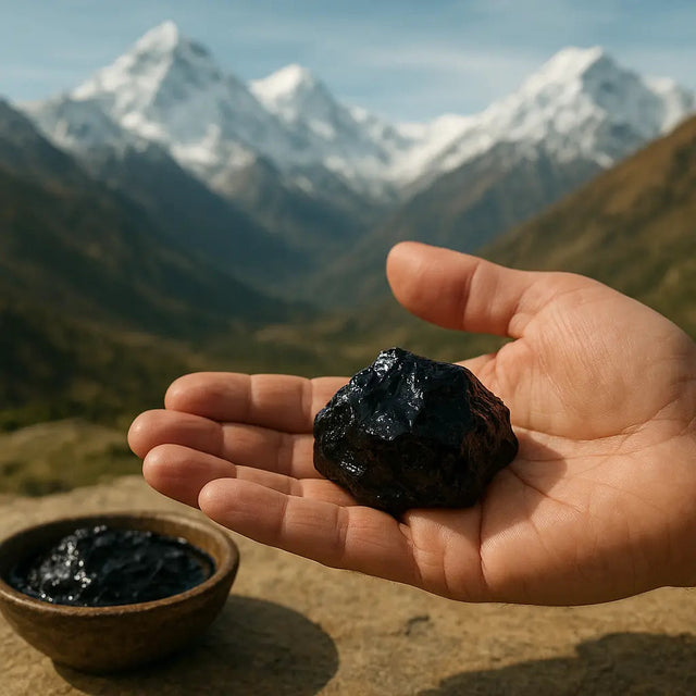 shilajit origins - pure Himalayan resin tin on neutral stone, editorial photo