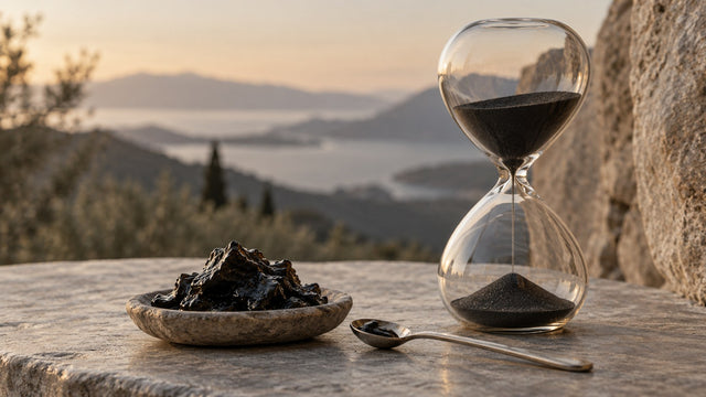 Hourglass beside a silver spoon and a small mound of black resin on a stone surface