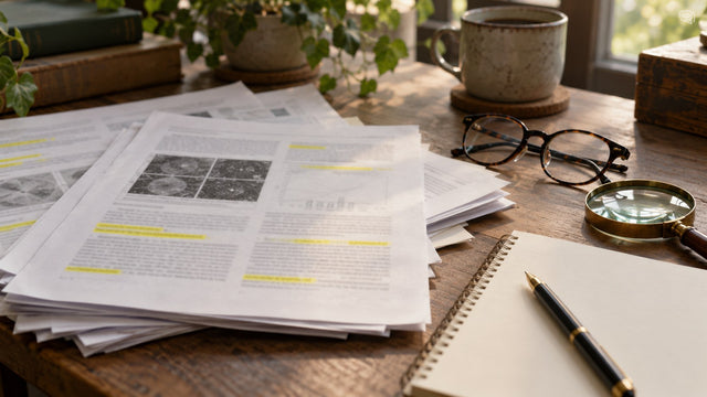 Stack of highlighted scientific papers with reading glasses, notebook and magnifying glass on a wooden desk