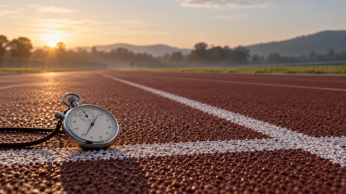 Empty athletics running track with lane lines and a stopwatch on the start line in early morning light