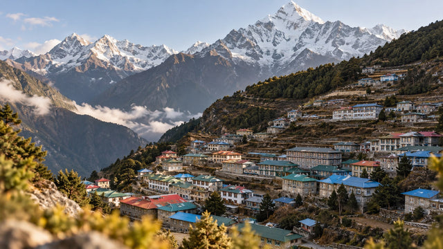 Namche Bazaar village of stone houses terraced on a Himalayan hillside below snowy peaks