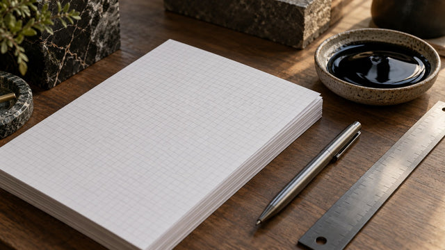Stack of blank graph paper with a pen and steel ruler beside a dish of black resin