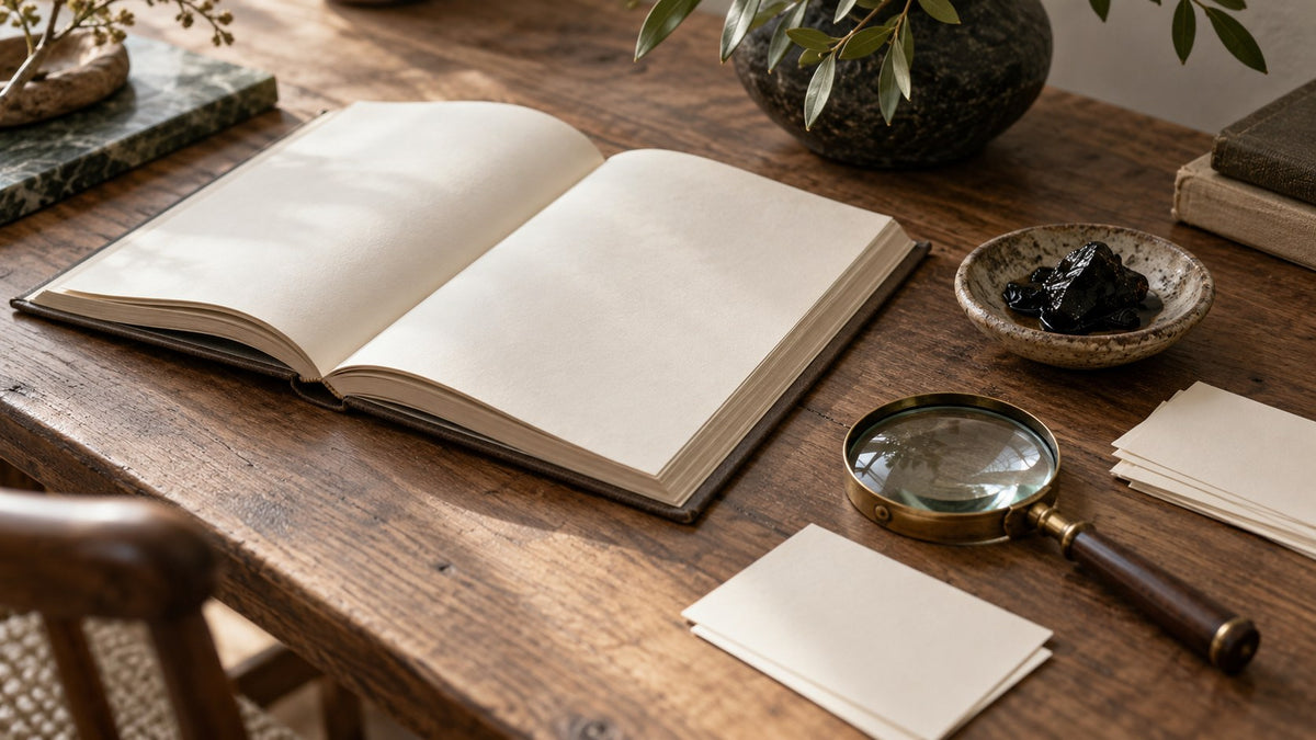 Open reference book with a magnifying glass, index cards and a small dish of black resin on a wooden desk