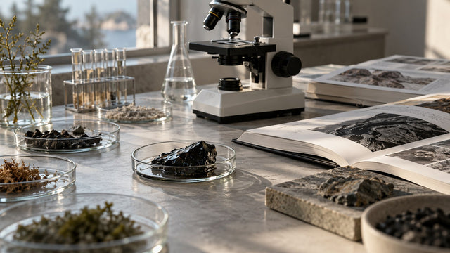 Laboratory bench with petri dishes, a microscope, research journals and a small dish of black resin