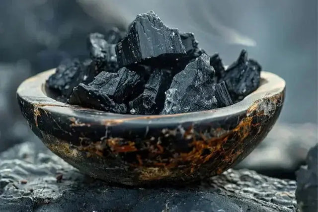 A rustic marbled bowl holding pure rocks of Nepali Himalayan shilajit