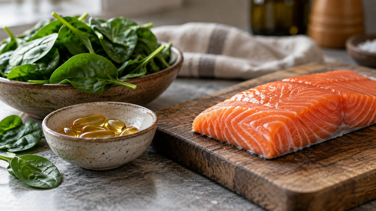Raw salmon fillet, fresh spinach and golden softgel capsules in a small bowl on a kitchen counter
