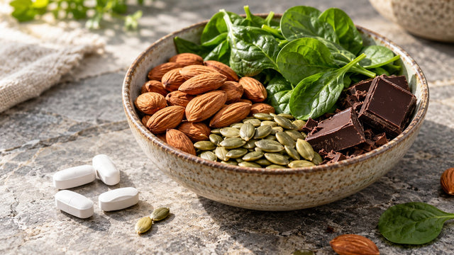 Almonds, pumpkin seeds, spinach and dark chocolate with white mineral tablets on a stone surface