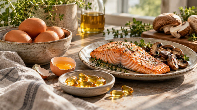 Sunlight on a table with eggs, cooked salmon, mushrooms and a dish of golden softgel capsules