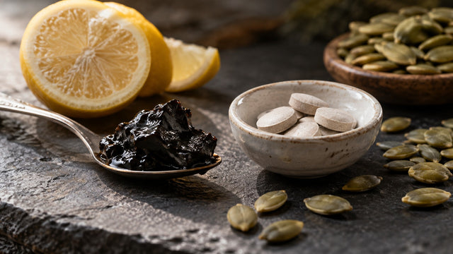 Black shilajit resin on a silver spoon beside a dish of zinc tablets, a cut lemon and pumpkin seeds on dark slate