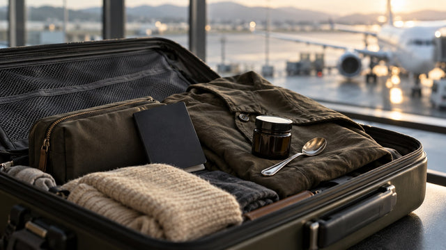 Open cabin suitcase with a small glass jar, silver spoon and passport on a folded jacket at an airport window