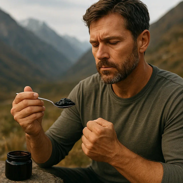 why shilajit is called destroyer of weakness - Nepalese shilajit resin tin on stone, simple editorial photo