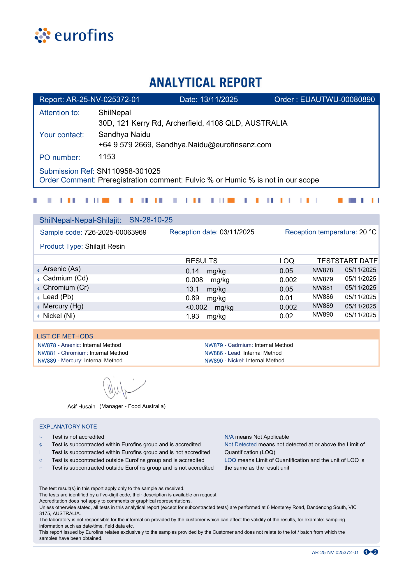Analytical report from eurofins with product testing details showing outstanding results.