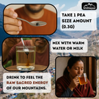 Instructions for consuming a small amount of powder, mixing it with water or milk, and drinking it with scenic mountain background.