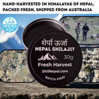 Nepal Shilajit container with mountain imagery and text about origin and freshness.