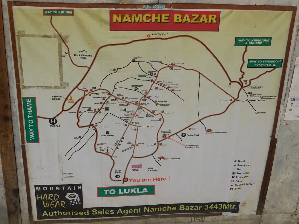 Real world Map of Namche Bazar with directions located at Lukla, taken in person.