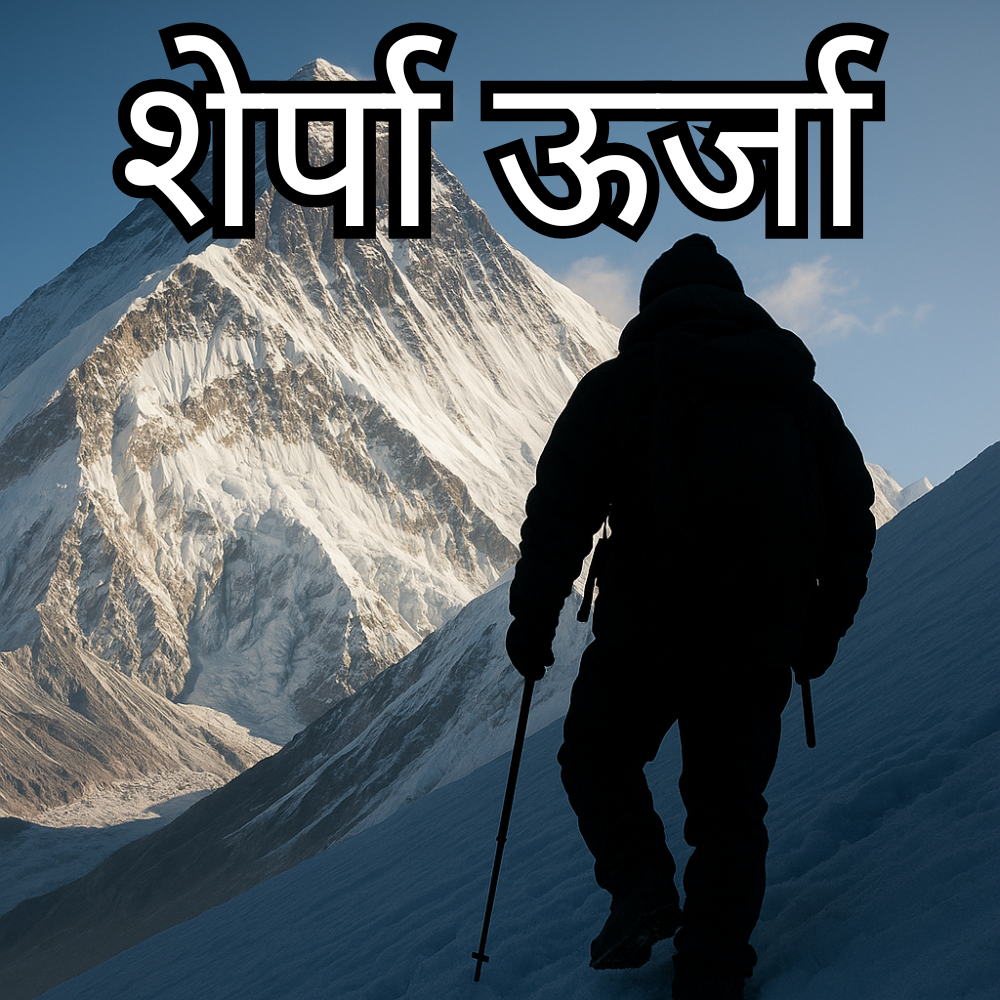 Person in mountain gear standing on a snowy Himalayan slope with the mountains in the background, featuring the word 'Sherpa Energy' written in Nepali