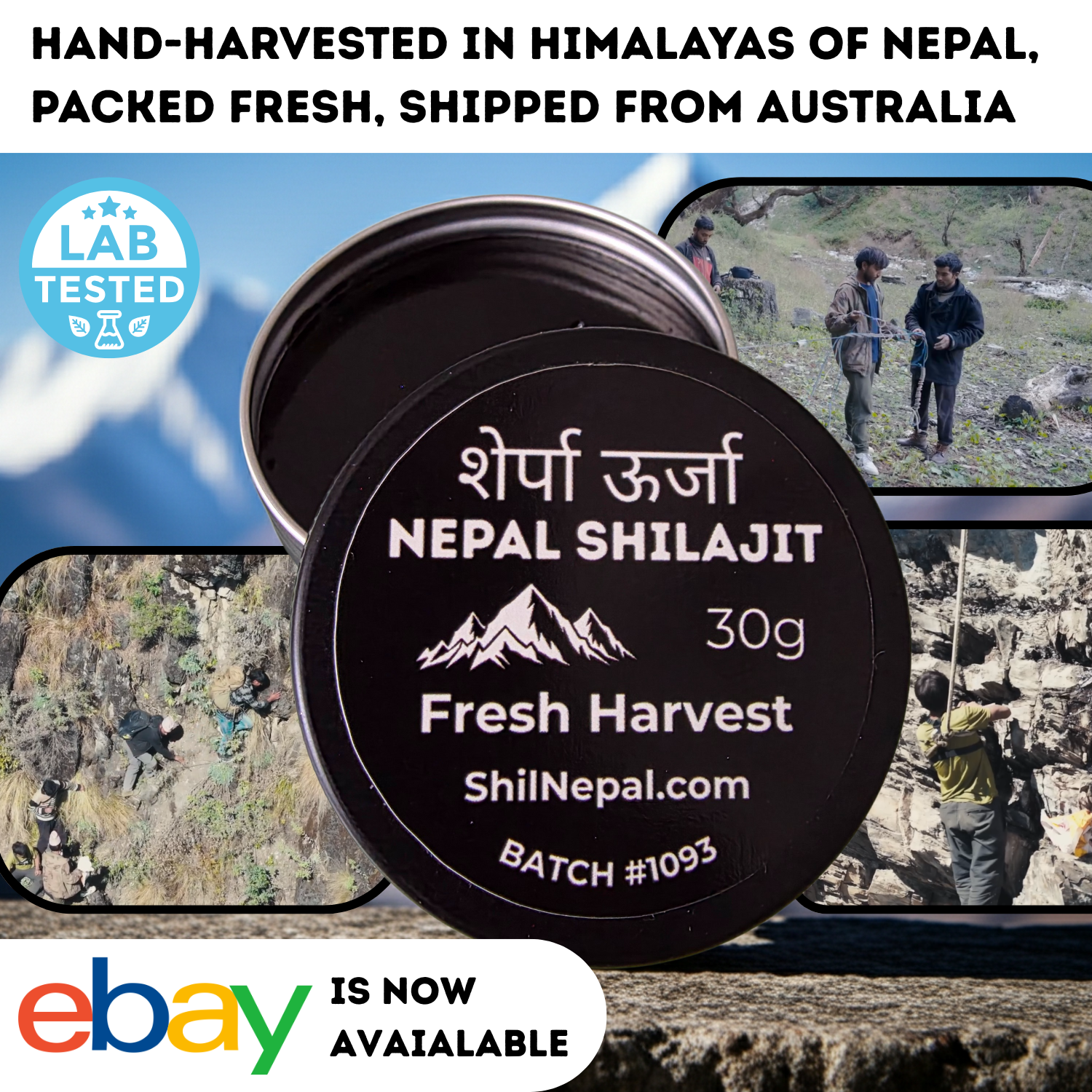Nepal Shilajit container with mountain imagery and text about origin and availability on a blurred natural background.