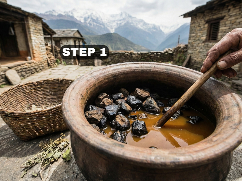 Person stirring a pot with raw shilajit rocks and a liquid concoction in a rustic setting with Himalayan mountains in the background