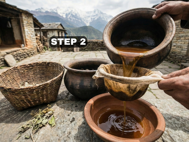 Traditional process of filtering shilajit mixture from an earthy pot using a special cloth strainer outdoors with the Himalayan mountains in the background.