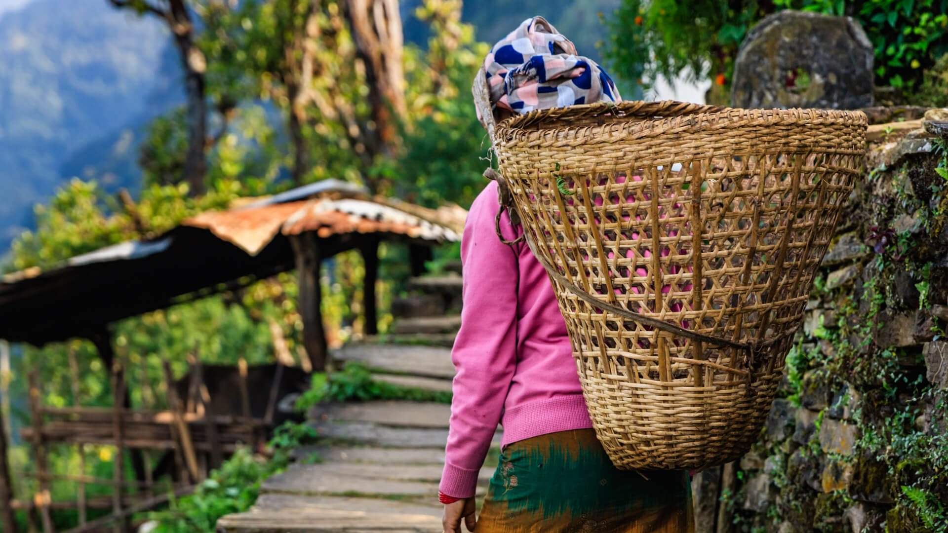 Nepali women carrying a large woven basket on a wooden path with greenery and traditional huts in the background.