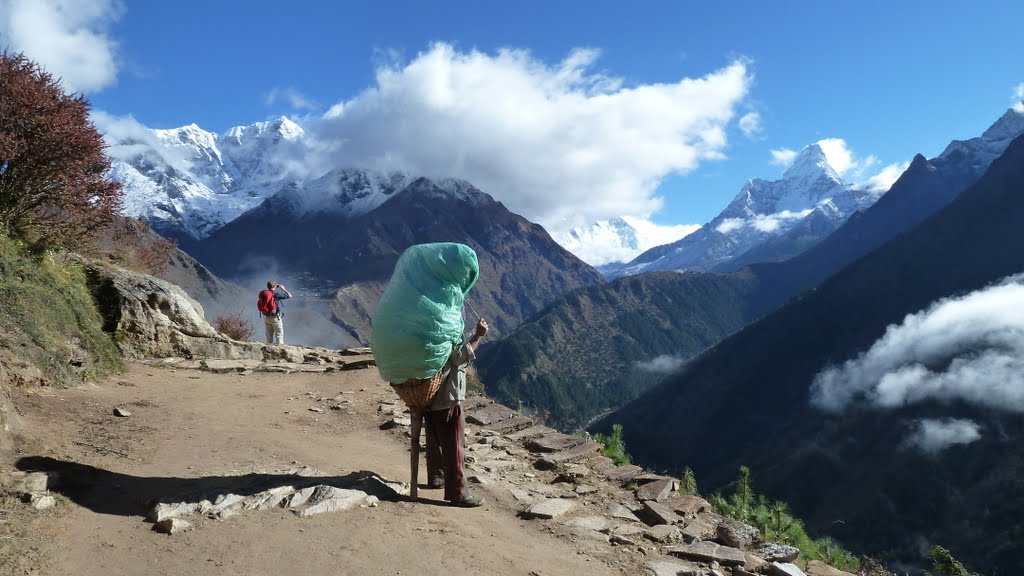 Person carrying a large green on a mountain path with snow-capped mountains in the background.
